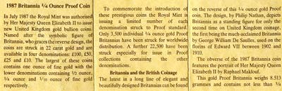 1987 Quarter Ounce Gold Britannia Proof Certificate