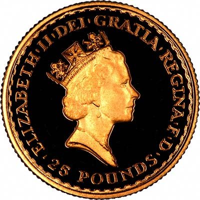 Obverse of 1987 Quarter Ounce Gold Britannia Proof £25 Coin