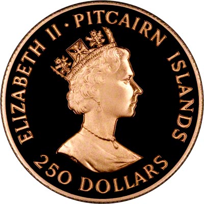 Obverse of 1988 Pitcairn Islands Gold 250 Dollars