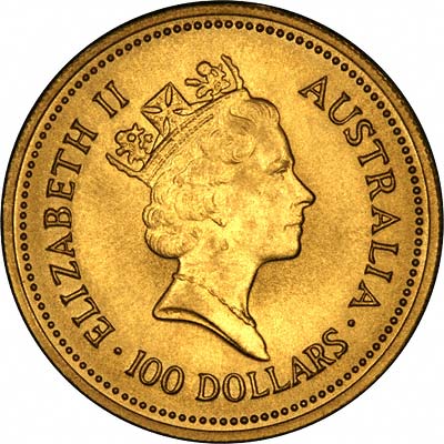 Obverse of 1989 Australian One Ounce Gold Kangaroo Nugget Coin