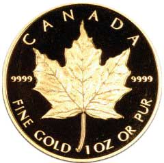 Reverse of 1989 Proof Canadian One Ounce Gold Maple Leaf - 50 Dollars