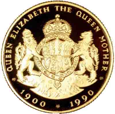 Queen Mother's Coat of Arms on Reverse of 1990 Falkland Islands Gold Proof £50 Half Ounce Coin