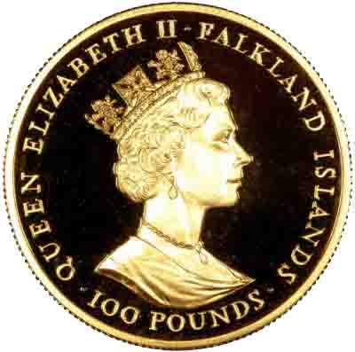 Obverse of 1990 Falkland Islands Gold £100 One Ounce Proof Coin