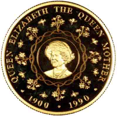 The Queen Mother on Reverse of 1990 Falkland Islands Gold £100 One Ounce Proof Coin