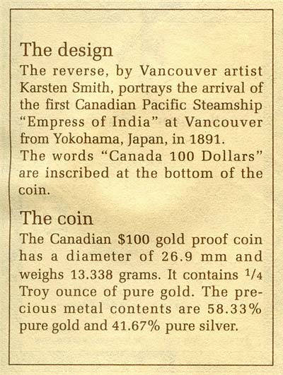 1991 Canadian Gold Proof 100 Dollars Design Details