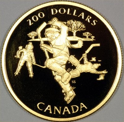 Three Young Ice Hockey Players on Reverse of 1991 Canadian $200 Gold Proof