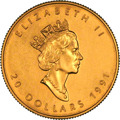 Obverse of 1991 Canadian Half Ounce Gold Maple Leaf
