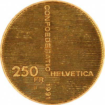 Reverse of Switzerland 250 Francs Gold Medallion
