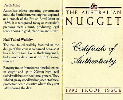 1992 Tenth Ounce Proof Nugget Certificate