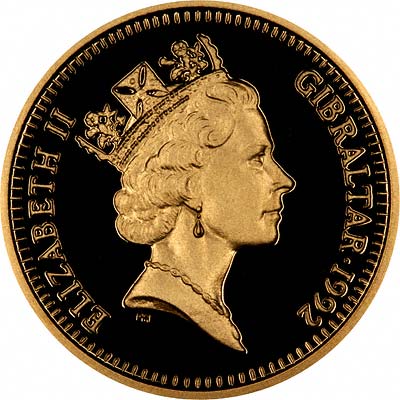 Obverse of 1992 Gibraltar Christopher Columbus Two Pounds Gold Proof