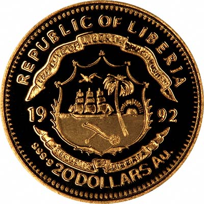 Obverse of 1992 Liberia Gold 20 Dollars
