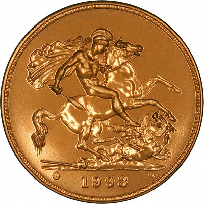 Reverse of 1993 'Brilliant Uncirulated' Five Pounds Gold Coin