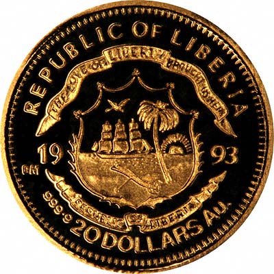 Obverse of 1993 Liberia Gold 20 Dollars