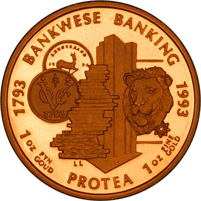 Reverse of 1993 South African One Ounce Protea - 200th Anniversary of Banking