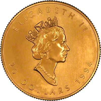Obverse of 1994 Canadian Half Ounce Gold Maple Leaf