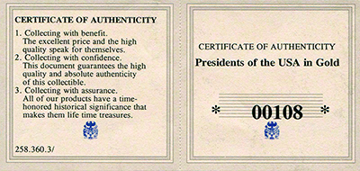 1994 Franklin Roosevelt Presidents of the USA Gold Medallion Certificate Obverse