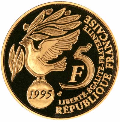 Dove of Peace with Olive Branch on Obverse of 1995 French Gold Proof 5 Francs