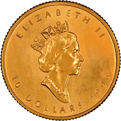 Obverse of 1996 Canadian Quarter Ounce Gold Maple Leaf