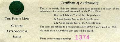 1997 Cook Islands 60 Dollars Gold Coin Set Certificate