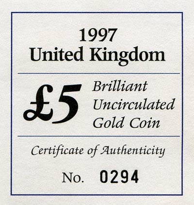 1997 Brilliant Uncirculated Five Pound Gold Coin Certificate