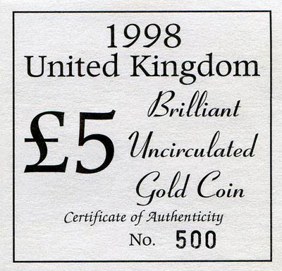 1998 Brilliant Uncirculated Five Pound Gold Coin Certfificate