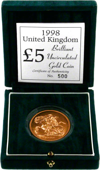 1998 Brilliant Uncirculated Five Pound Gold Coin in Presentation Box