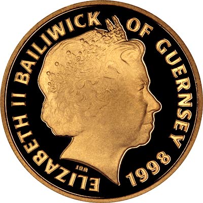 Queen Elizabeth The Queen Mother on Reverse of 1998 Guernsey Gold £50 Proof Coin
