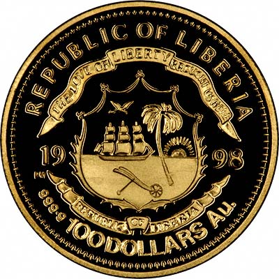 Obverse of 1998 Liberia Gold 100 Dollars