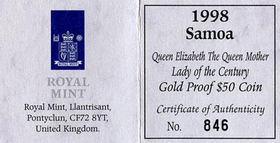 1998 Samoa $50 Certificate