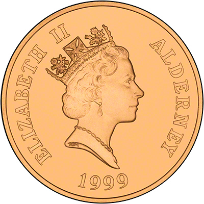 1999 Alderney 125th Anniversary of the Birth of Churchill Gold Proof £5 Obverse