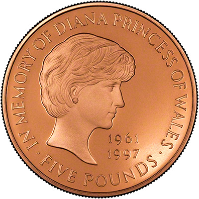 Reverse of the 1999 Princess Diana Memorial Proof Five Pounds Gold Coin