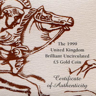 1999 Brilliant Uncirculated Five Pound Gold Coin Certfificate