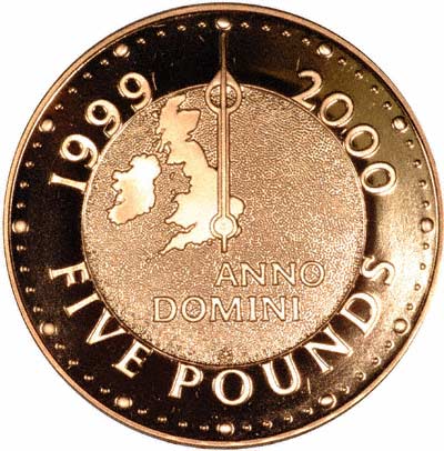 Reverse of 1999 Gold Proof Millennium Five Pounds Proof Crown Reverse