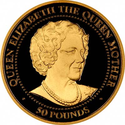 Queen Elizabeth The Queen Mother on Obverse of 1999 Guernsey Gold £50 Proof Coin