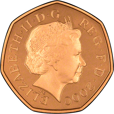 Obverse of 2000 British Libraries Centenary Fifty Pence Gold Proof