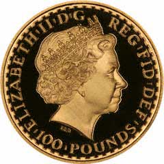Obverse of 2002 One Ounce Gold Proof Britannia - One Hundred Pounds