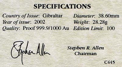 2002 Gibraltar Gold Crown Certificate
