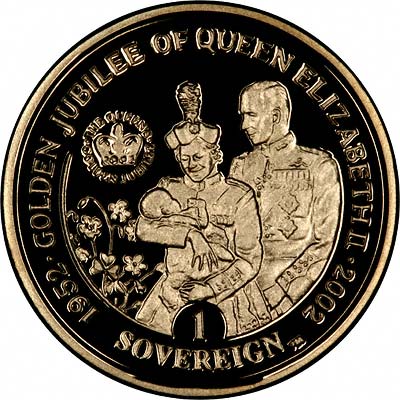 Queen Holding the Baby on Reverse of 2002 Gibraltar Golden Jubilee Proof Sovereign