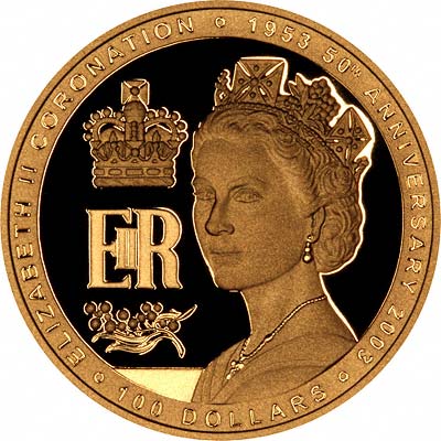 Youthful Portrait of Queen Elizabeth II on Reverse of 2003 Australian Gold Proof Golden Jubilee $100 Coin
