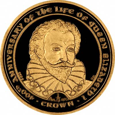Sir Walter Raleigh on Reverse of 2003 Manx Gold Proof Fifth Ounce Crown