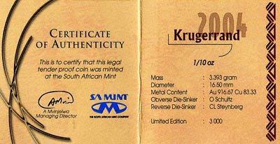 Tenth Ounce Proof Krugerrand Certificate