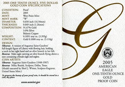 2005 Tenth Ounce Gold Proof Eagle Certificate