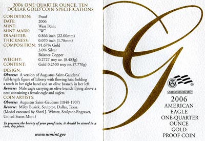 2006 Tenth Ounce Gold Proof Eagle Certificate