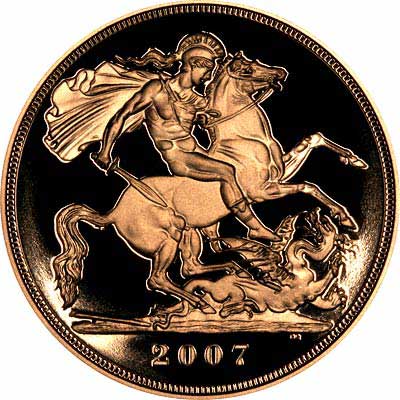Reverse of 2007 Five Pound Proof Gold Quintuple Sovereign