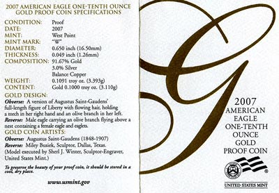 2005 Tenth Ounce Gold Proof Eagle Certificate