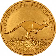 Reverse Design of a Year 2008 Australian Quarter Ounce Gold Kangaroo Nugget Coin
