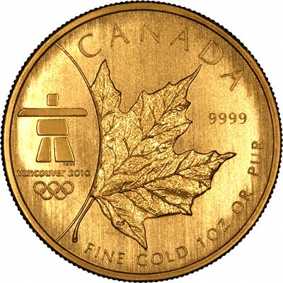 Reverse of New 2008 Canadian One Ounce Gold Maple Leaf - Vancouver 2010 Winter Olympics