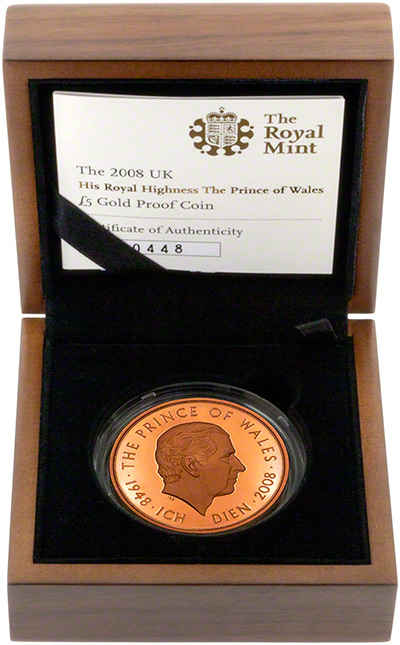 2008 Gold Proof Five Pounds Prince Charles 60th Birthday Crown in Presentation Box