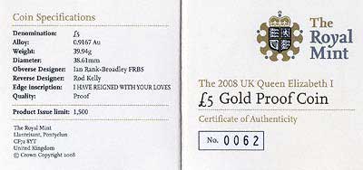 2008 Elizabeth I Accession 450th Anniversary £5 Crown Gold Proof Certificate