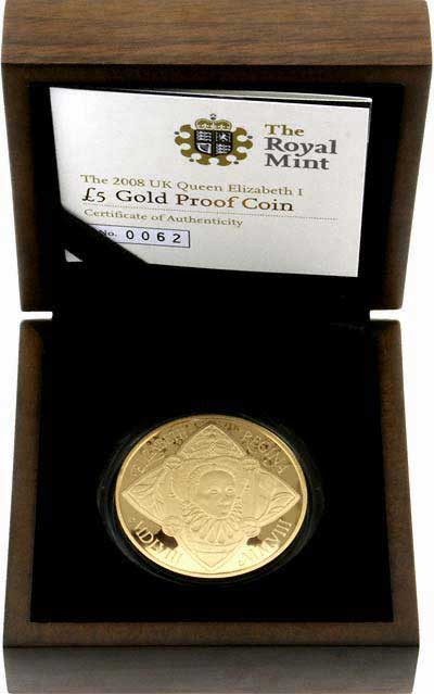 2008 Elizabeth I Accession 450th Anniversary £5 Crown Gold Proof In Wooden Box